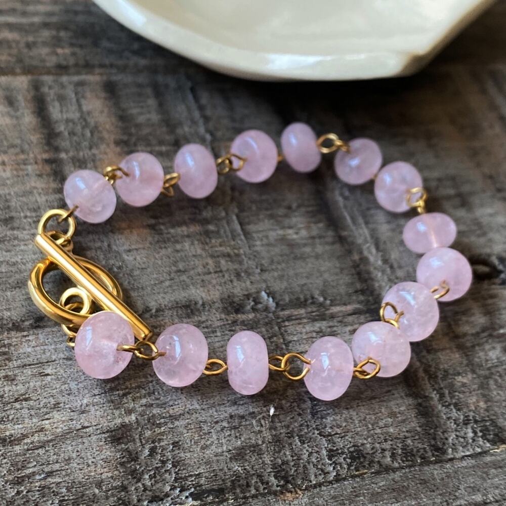 NEW Rose Quartz Beaded Gold Toggle Bracelet